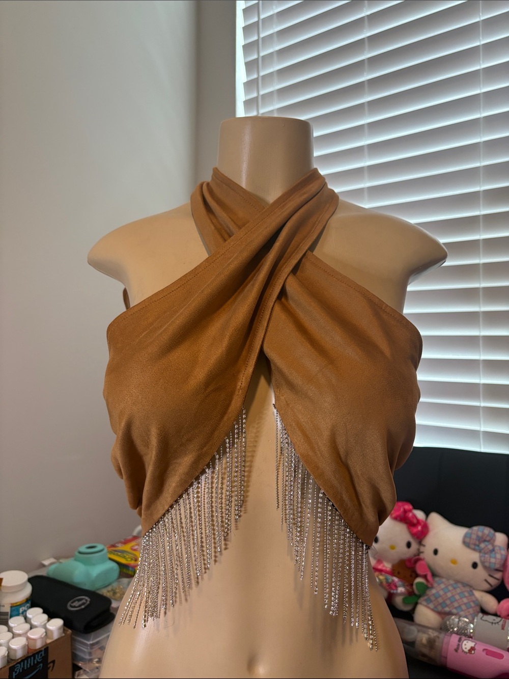 Fashion Nova Camel Brown Fringe Halter Crop Top with Rhinestone Strands